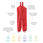 Originals Waterproof Dungarees Red with adjustable straps & underfoot stirrups, designed for maximum dryness & comfort in warm layers.